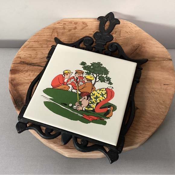Vintage - Cast Iron and Ceramic Crafted Tile, Golf Themed, Trivet - Great Shape - Picture 2 of 10